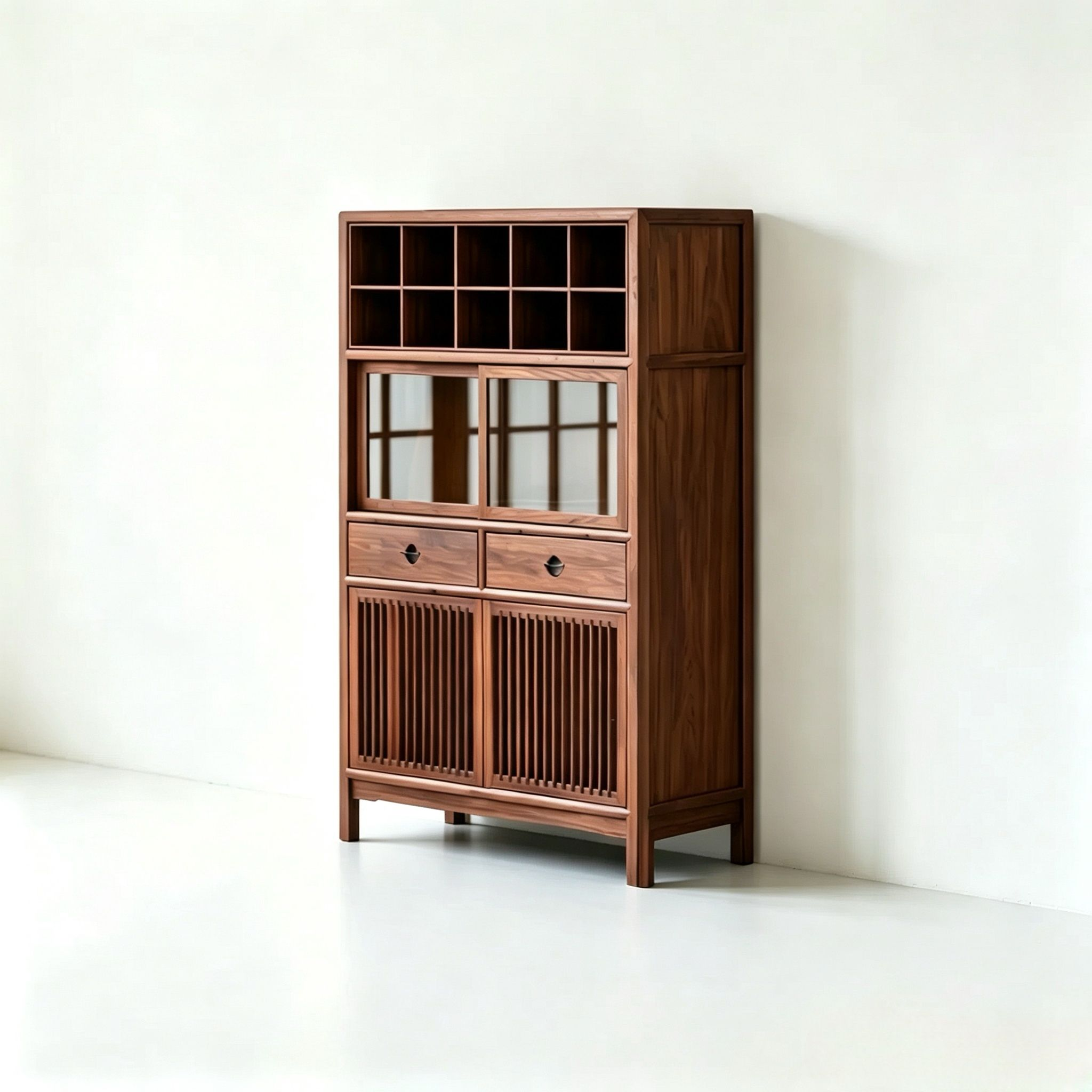 Versatile Elm Wood Storage Cabinet with Detachable Display Cubby & Ventilated Slatted Doors