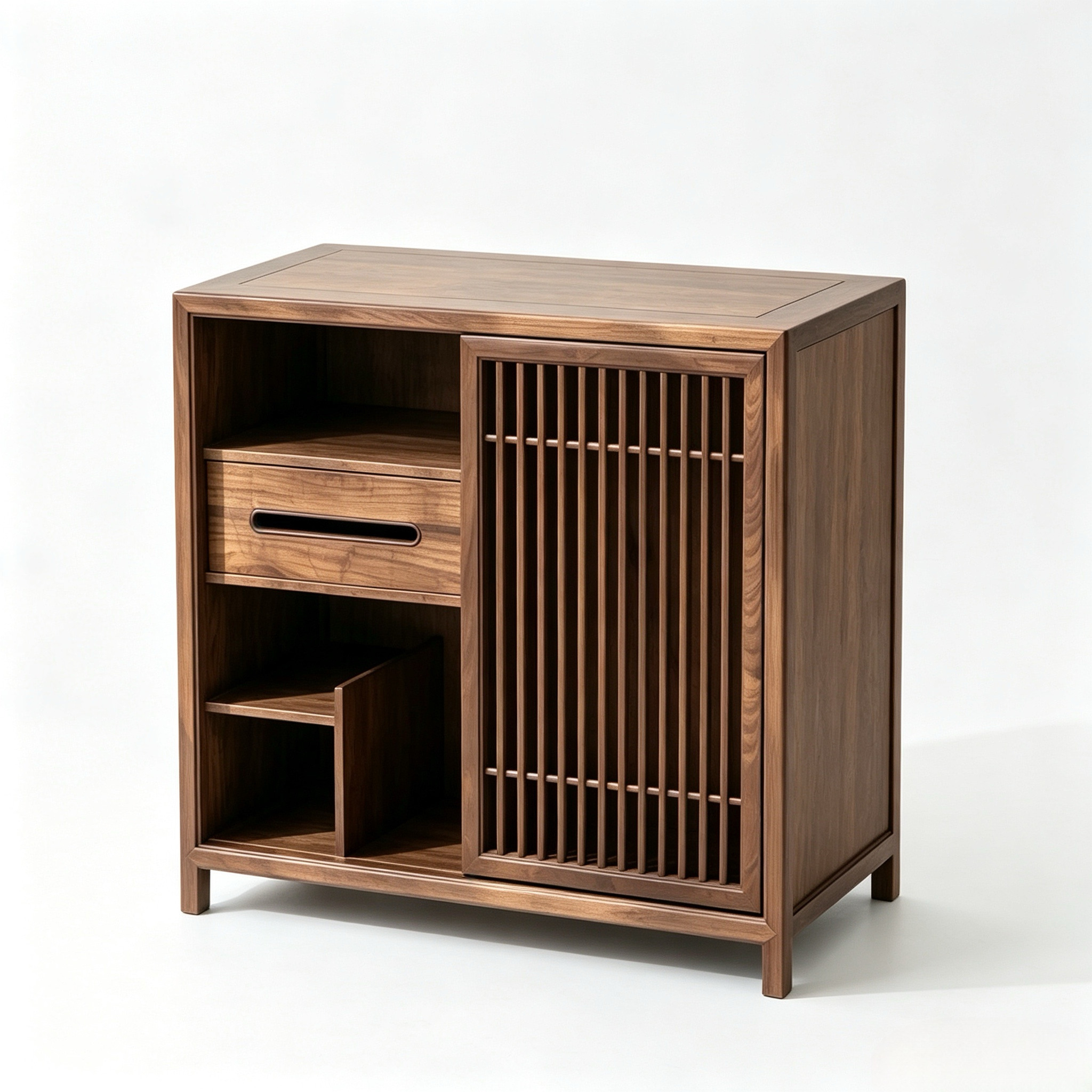 ZenWoodo Slatted Solid Wood Side Cabinet | Japandi Tea Storage Credenza with Multi-Zone Storage, Mortise & Tenon Craft